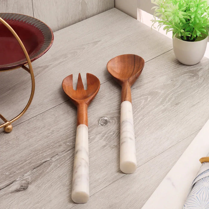 Marble and Wood Salad Server Set – 2 Pieces - NikkisPride