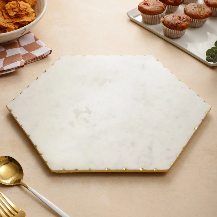 Marble Hexagon Platter With Gold foil work 12 inch - NikkisPride