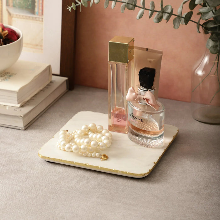 Marble White Square Platter 8x8x Inch Gold Foil Jhadan - NikkisPride