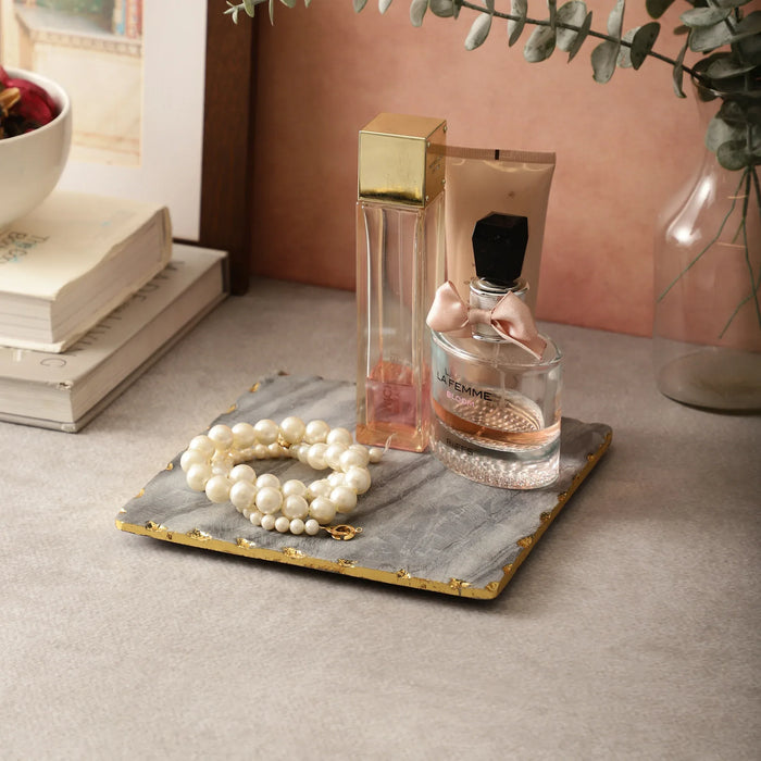 Marble Beige Square Platter 8x8x Inch Gold Foil Jhadan - NikkisPride