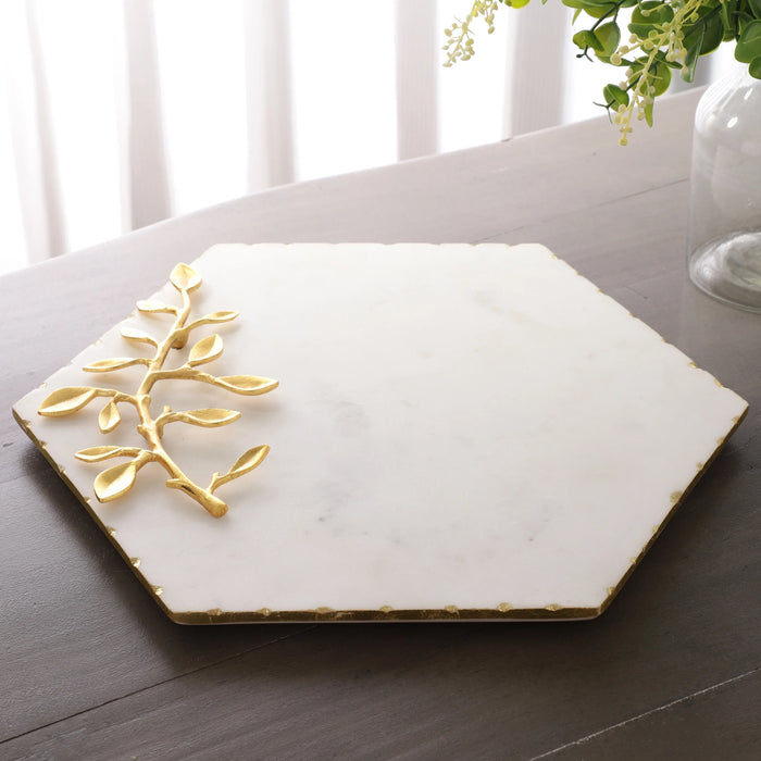 Hexagon Marble Serving Platter with Gold Leaf Detail - NikkisPride