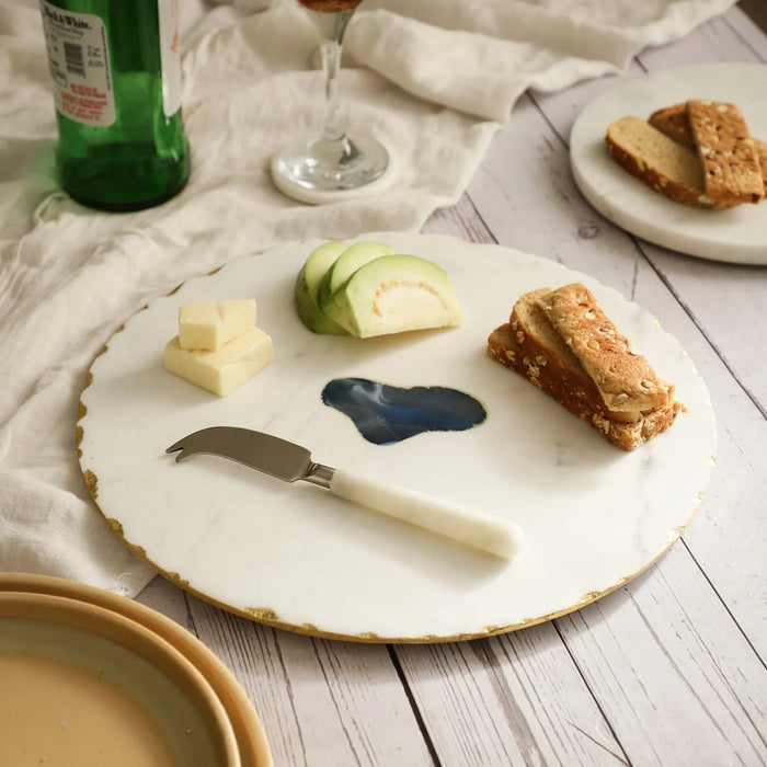 White Gold Blue Gourmet Marble Cheese Platter with Spreader – Elegant & Multi-Purpose Serveware - NikkisPride
