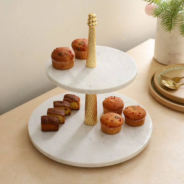 Gold & White Two-Tier Marble Stand – Versatile Serveware for Cakes & More - NikkisPride