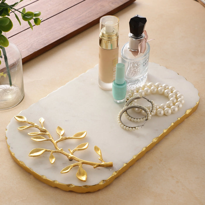 Marble Platter oval With Gold Foil Work Plain White Metal Art Piece Embedded - NikkisPride