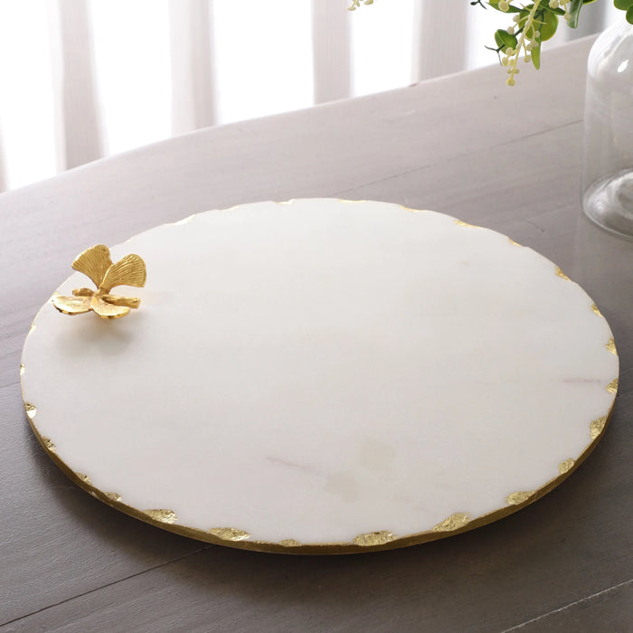 Marble Platter White Round With Gold Foil Work Metal Butterfly Embedded - NikkisPride
