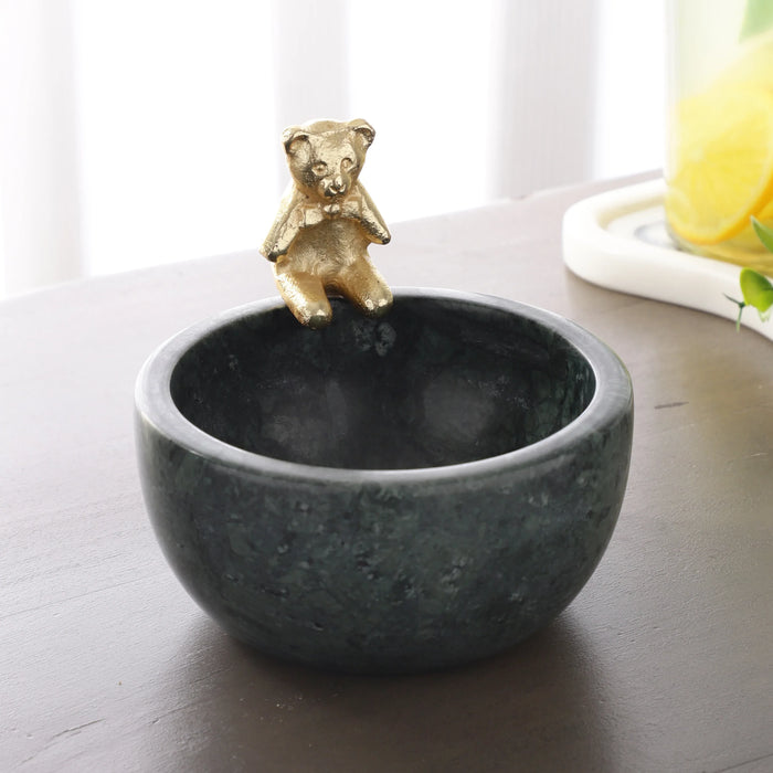 Marble Nut or Candy Bowl with Brass Teddy Good Luck Bowl - NikkisPride