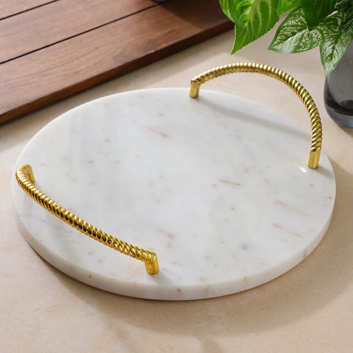 White Marble Tray round With Gold Finish Metal Handle - NikkisPride