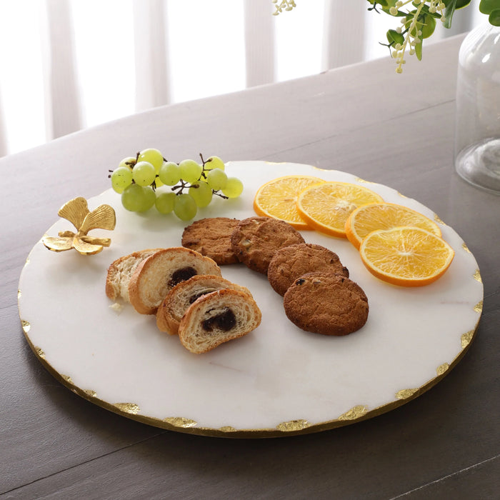 Marble Platter White Round With Gold Foil Work Metal Butterfly Embedded - NikkisPride