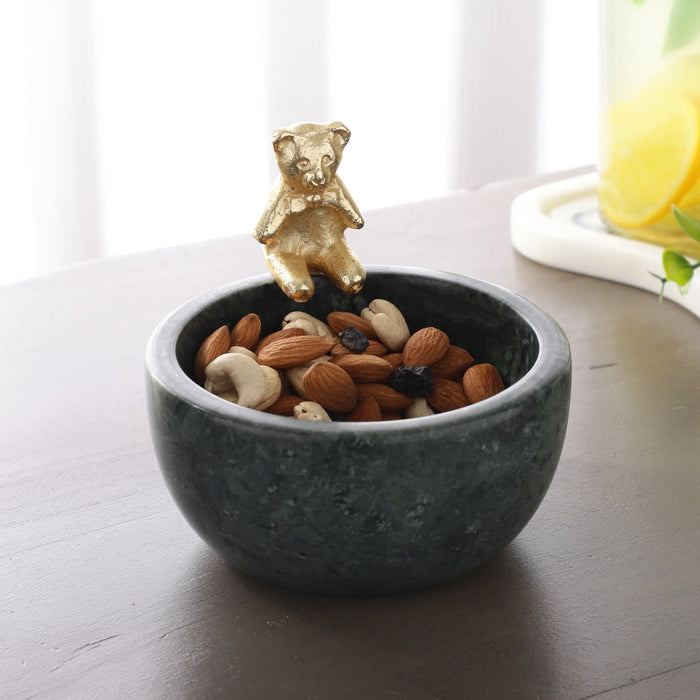 Marble Nut or Candy Bowl with Brass Teddy Good Luck Bowl - NikkisPride