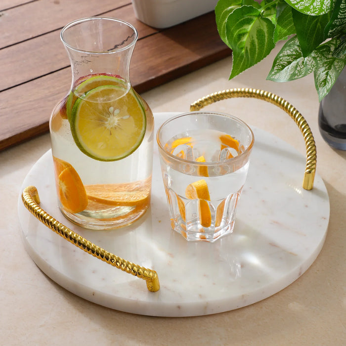 White Marble Tray round With Gold Finish Metal Handle - NikkisPride