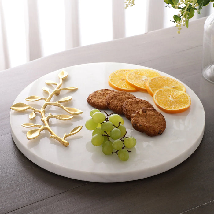 Marble Platter Round With Gold Foil Work Plain White Metal Art Piece Embedded - NikkisPride