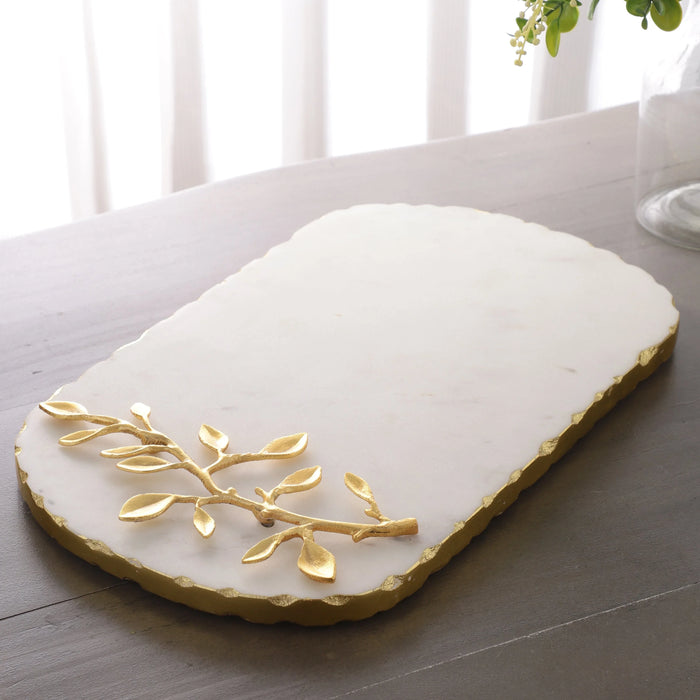 Marble Platter oval With Gold Foil Work Plain White Metal Art Piece Embedded - NikkisPride