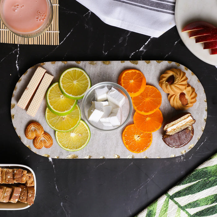 Marble Beige Oval Platter 14x7 Inch Gold Foil Jhadan - NikkisPride