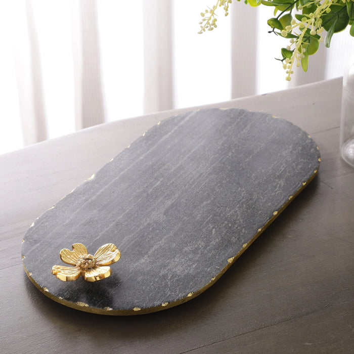 Oval Marble Serving Tray with Brass Floral Accent - NikkisPride
