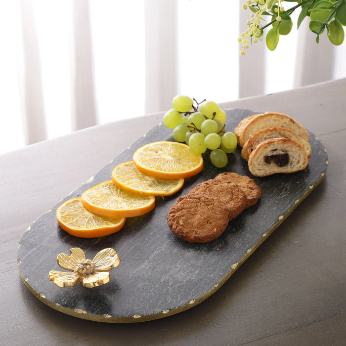 Oval Marble Serving Tray with Brass Floral Accent - NikkisPride