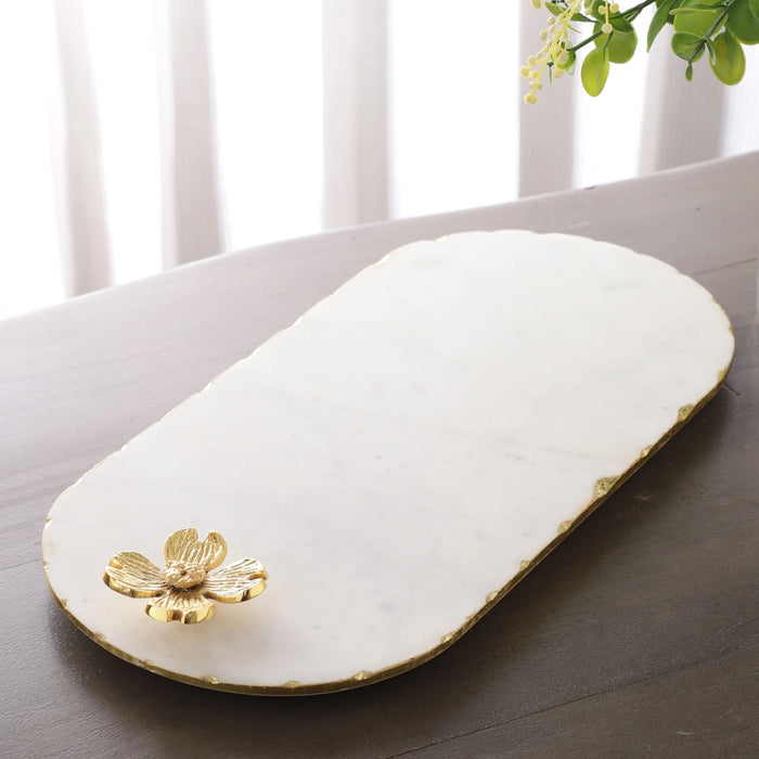 Oval Marble Platter with Brass Floral Inlay - NikkisPride