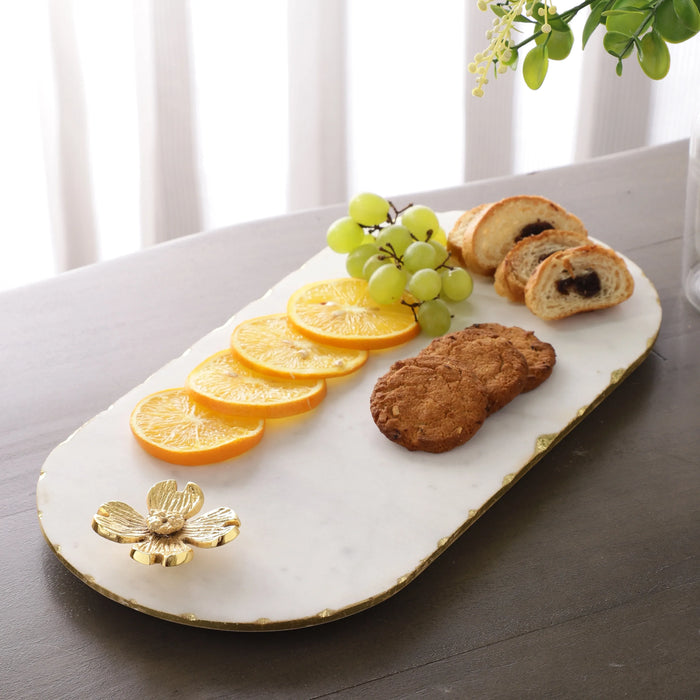 Oval Marble Platter with Brass Floral Inlay - NikkisPride