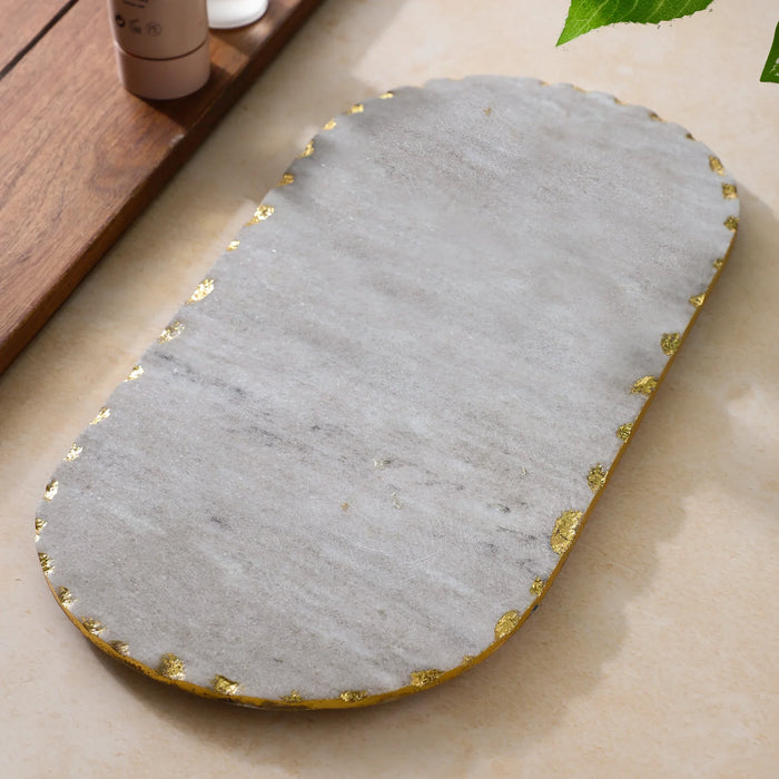 Marble Beige Oval Platter 14x7 Inch Gold Foil Jhadan - NikkisPride