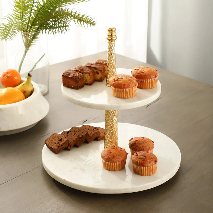 Gold & White Two-Tier Marble Stand – Versatile Serveware for Cakes & More - NikkisPride
