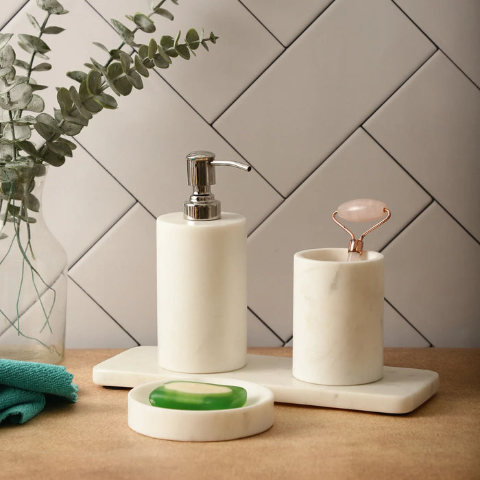 Elegant Marble Bath Set – Tray, Toothbrush Holder, Soap Dispenser & Soap Dish - NikkisPride