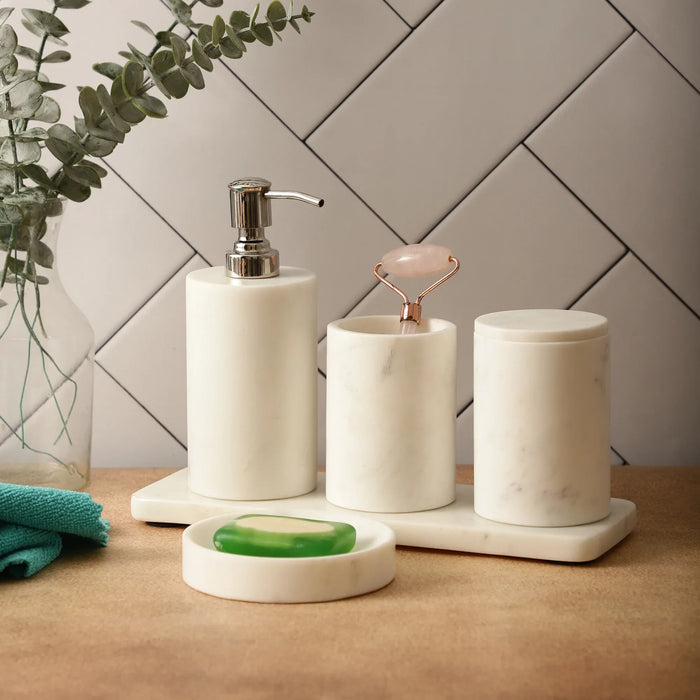 Elegant Marble Bath Set – Tray, Toothbrush Holder, Cotton Box, Soap Dispenser . Soap Dish - NikkisPride