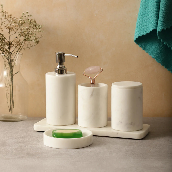 Elegant Marble Bath Set – Tray, Toothbrush Holder, Cotton Box, Soap Dispenser . Soap Dish - NikkisPride