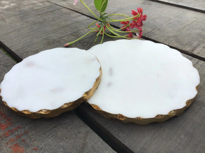 Round White Marble Platter Set with Gold Foil (4.5" & 6") - NikkisPride