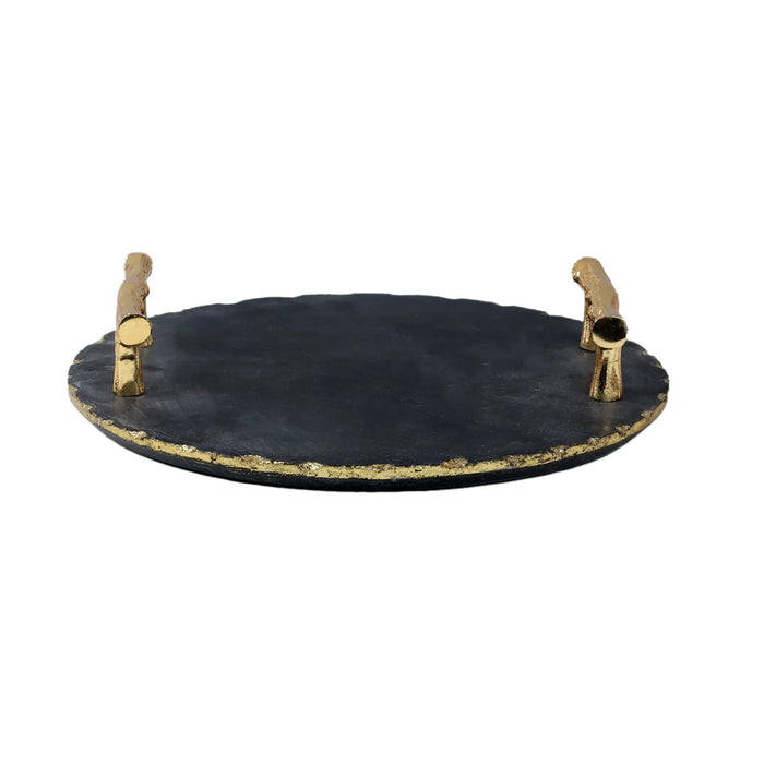 Black Marble Tray round With Gold Finish Metal Handle - NikkisPride