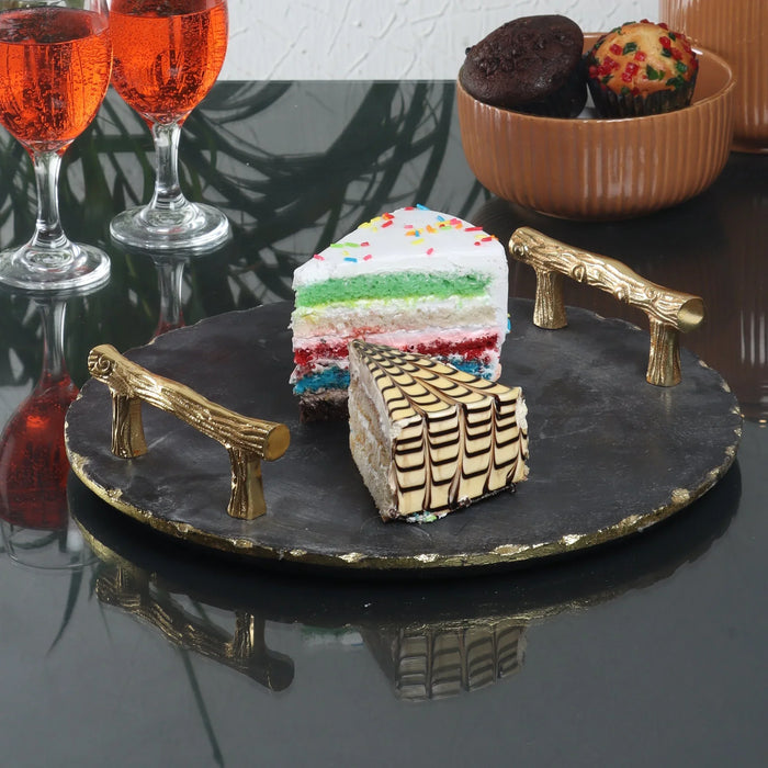 Black Marble Tray round With Gold Finish Metal Handle - NikkisPride