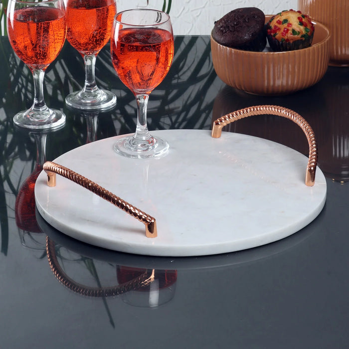 Marble Tray round With rose Gold Finish Metal Handle - NikkisPride