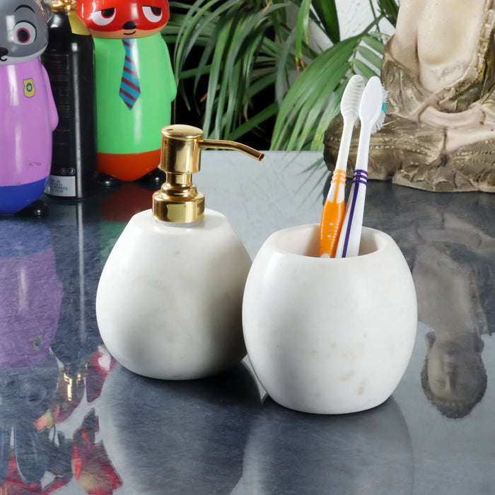 White Marble Vanity Set Soap Dispenser and Toothbrush Holder Set - NikkisPride