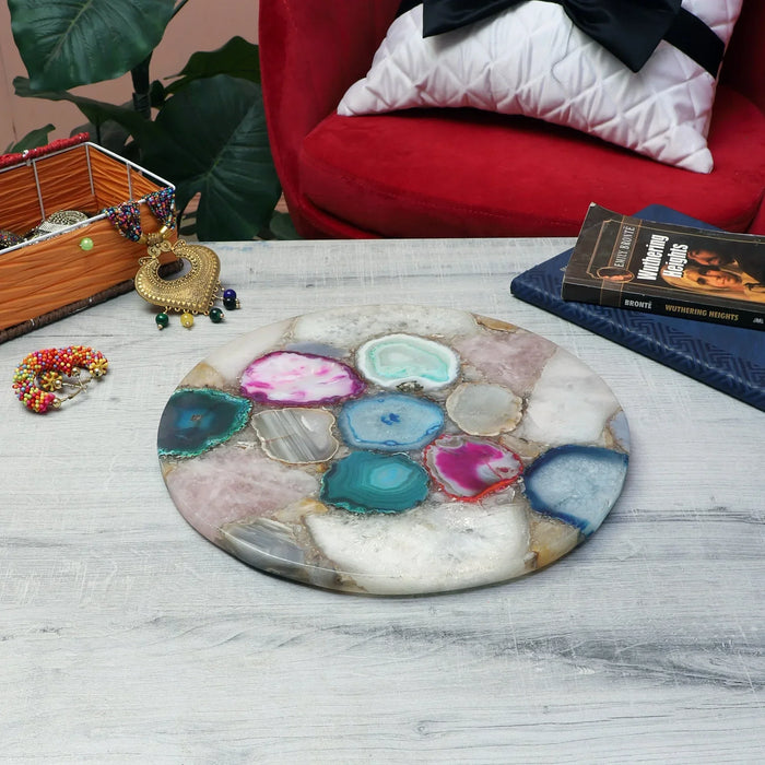 Handmade Multicolor Agate Platter Tray Cheese Board Table Top - NikkisPride