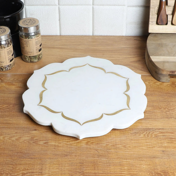 Marble Brass Inlay Flower Shape Platter - NikkisPride