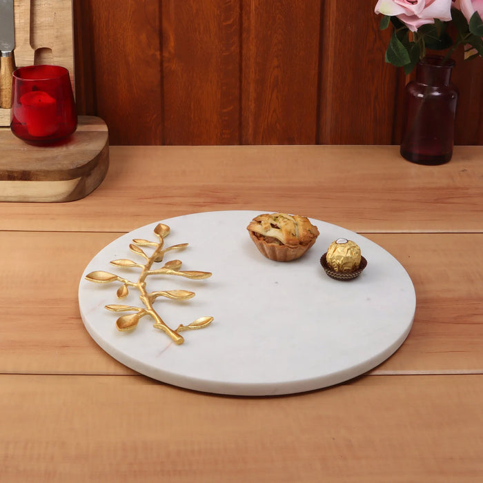 Marble Platter Round With Gold Foil Work Plain White Metal Art Piece Embedded - NikkisPride