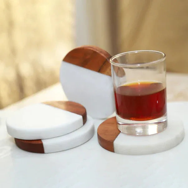 Marble and Wood Round shape Set of 4 - NikkisPride